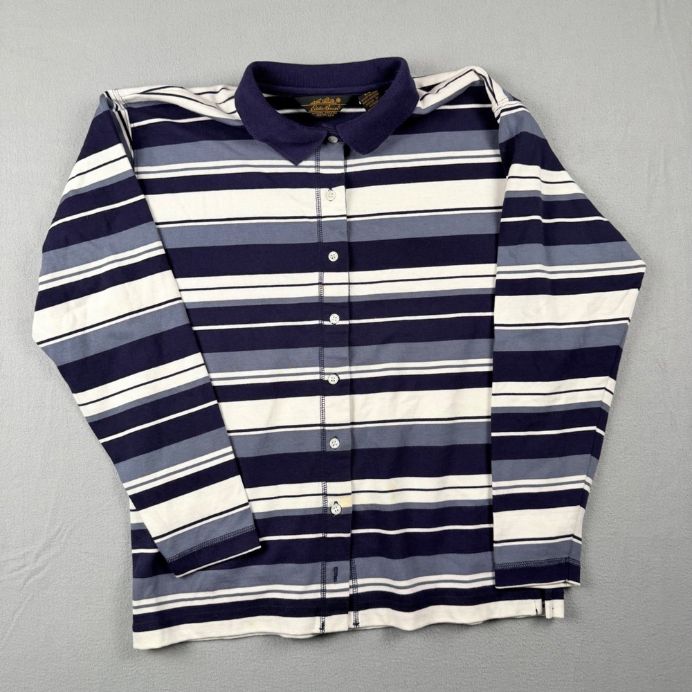 Vintage 90's Eddie Bauer Mens Blue Striped Long Sleeve Polo Shirt Cotton Medium